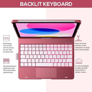 typecase Touch iPad 10th Generation Case with Keyboard (10.9", 2022) and iPad A16 (11th Gen, 2025) – 360° Rotatable, 11-Color Backlit, Multi-Touch Trackpad, Thin & Light (Pink) - Image 3