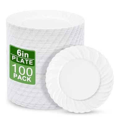 U-QE 100 Pieces White Plastic Plates - 6 Inch White Disposable Plates - Washable & Reusable - Premium Hard Dessert Plates - Party Supplies for Birthdays, Celebrations, Travel, Wedding,Party and Events - Image 1