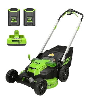 Greenworks 60V 25” Cordless (Self-Propelled) Lawn Mower (LED Lights + Aluminum Handles), 2 x 4.0Ah Batteries and Dual Port Rapid Charger - Image 1