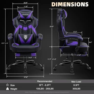 Vonesse Gaming Chair,Computer Chair with Footrest and Massage,Reclining Gaming Chairs for Adults,Big and Tall High Back Gamer Chair (Purple/Black) - Image 2