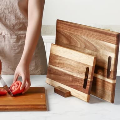 YUSOTAN 3-piece Acacia Wood Cutting Board Set for Kitchen, Large Wooden Cutting Board Set with Handle, Thick Chopping Board, Butcher Block Wooden Trays for Meat, Fruit Vegetable and Cheese - Image 2