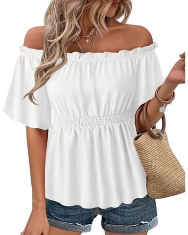 Bebonnie Off The Shoulder Tops for Women: Short Sleeve Sexy Chiffon Blouses - Summer Wedding Guest Dress Shirts - Baby Shower Formal Cocktail Evening Outfits for Guest White L - Image 1