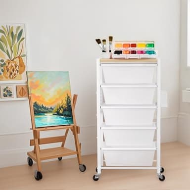 Rolling Cart with 5 Drawers, Plastic Drawer Storage Carts with Lockable Wheels & Wooden Tabletop, Metal Utility Cart with Pegboards, Office Living Room Classroom Craft Organization and Storage, White - Image 9