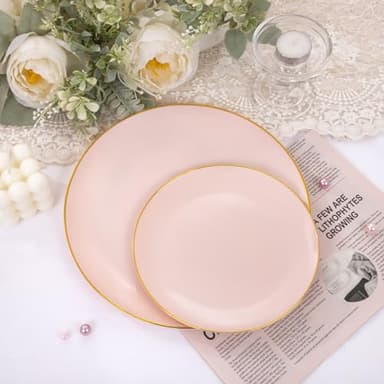 PULOTE 100PCS Pink Plastic Plates - Heavy Duty Pink and Gold Disposable Plates for Party, Wedding & Mother’s Day, Include 50 Dinner Plates and 50 Dessert Plates - Image 4