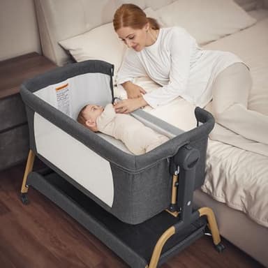 ANGELBLISS 3 in 1 Baby Bassinet, Rocking Bassinets Bedside Sleeper with Comfy Mattress and Wheels, 6 Height Adjustable Easy Folding Portable Bedside Crib for Newborn Infant - Image 2