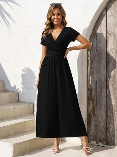 Gracyoga Women's 2025 Trendy Fall Dress Elegant Wrap Dresses for Women Curvy Smocked Vintage A Line Sundresses Vacation Outfit XL Black - Image 5