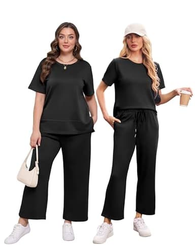 XIEERDUO Women's Two Piece Outfits 2 Pc Lounge Set Summer Travel Vacation Short Sleeve Tracksuit Spring Wide Leg Loungewear Crewneck Sweatsuit Loose Fit Clothes Black XXL - Image 4
