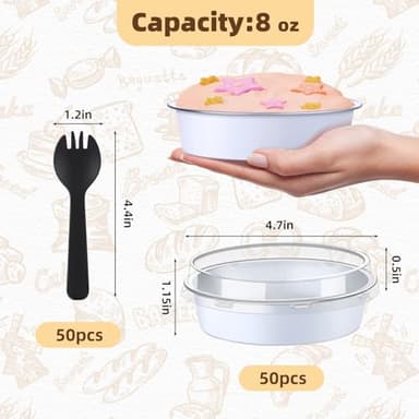 ALEXPRE 50Pcs Pie Tins With Lids 4 Inch 8oz Aluminum Mini Tart Pans Disposable Individual Pie Plate Mini Cake Pans Champagne Small Cake Muffin Pans with Spoons for Tart Pie Quiche Flan- White - Image 3