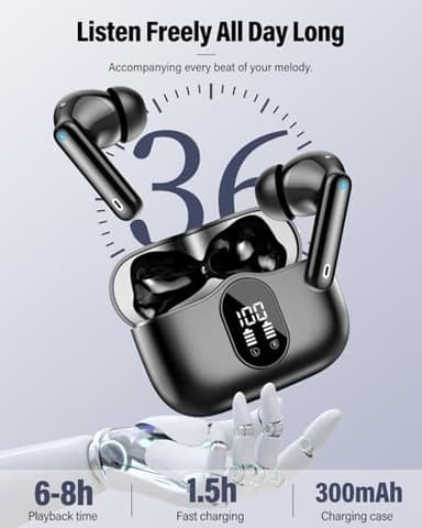 Wireless Earbuds, Bluetooth 5.4 Headphones Bass Stereo, Bluetooth Earbuds with Noise Cancelling Mic, IP7 Waterproof in Ear Earphones, 36H LED Display Ear Buds for Laptop Pad Phones Sports, Black - Image 6