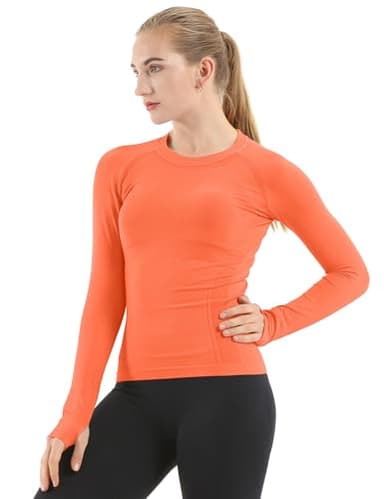 MathCat Seamless Workout Shirts for Women Long Sleeve Yoga Tops Sports Running Shirt Breathable Athletic Top Slim Fit Orange - Image 1