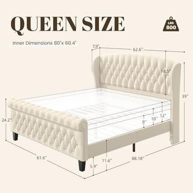 HISOFT Queen Bed Frame, 39" Tall Velvet Upholstered Sleigh Bed with Wingback Headboard & Scroll Footboard, No Box Spring Needed, Sturdy Support, Easy Assembly, Noise Free, Button Tufted, White - Image 2