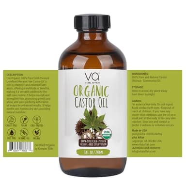 VITAL AFFAIR Castor Oil Organic Cold Pressed Unrefined Glass Bottle - USDA Certified Castor Oil For Hair Growth, Skin, Eyelashes, Eyebrows & Nails - 8 Fl Oz - Image 5