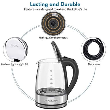 MegaWise Electric Kettle, 1.8L Borosilicate Glass Tea Kettle with LED Light, Auto Shut-Off and Boil-Dry Protection Cordless Kettle Fast Boiling - Image 4