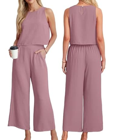 IWOLLENCE Women's Summer 2 Piece Outfits Set Round neck Sleeveless Tank Crop Top Wide Leg pants Set Pockets Jumpsuits Pink Small - Image 4