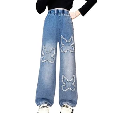 NABER Kids Girls Lovely Butterfly Wide Leg Jeans Washed Denim Pants Baggy Jeans Age 5-14(Blue14,13-14 Years) - Image 1