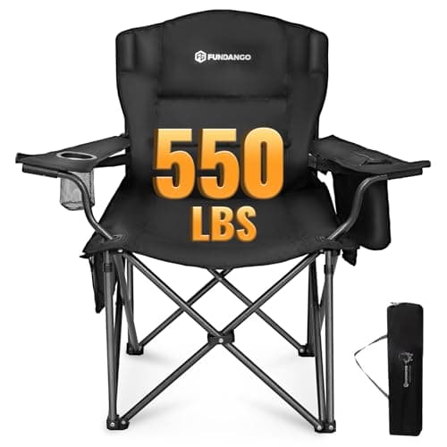 FUNDANGO Oversized Camping Chair for Adults, Heavy Duty Portable Foldable Lawn Chair with Padded Seat & Back, Lumbar Support, 4-can Cooler & Cup Holder, Carry Bag Included for Outdoor (Black) - Image 1
