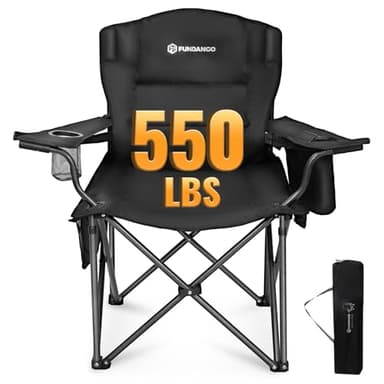 FUNDANGO Oversized Camping Chair for Adults, Heavy Duty Portable Foldable Lawn Chair with Padded Seat & Back, Lumbar Support, 4-can Cooler & Cup Holder, Carry Bag Included for Outdoor (Black) - Image 1