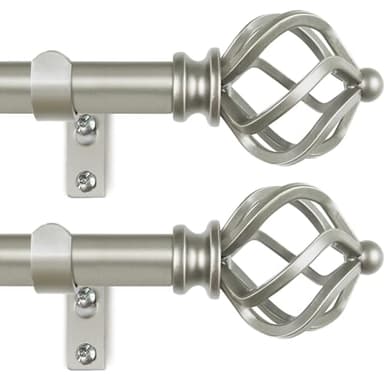 KAMANINA 2 Pack Curtain Rods 32 to 58 Inches (2.6-4.8ft), 3/4 Inch Curtain Rods for Windows Splicing Adjustable Single Drapery Rod with Twisted Cage Finial, for Indoor and Outdoor, Antique Silver