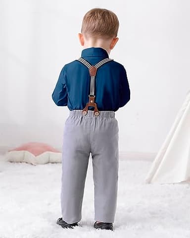 DISAUR Matching Family Outfits Long Sleeve Dark Blue Grey Dress Shirt Bow Tie Suspender Pants Boys Church Outfit 4t 5t 4-5t - Image 4