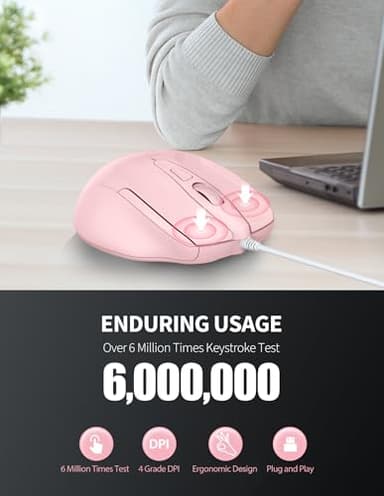 TECKNET Wired Mouse, 6-Button Corded with 4 Adjustable DPI, Optical Ergonomic Design, 5FT Cord for Laptop, Chromebook, PC, Desktop, Mac, Notebook - Pink - Image 5