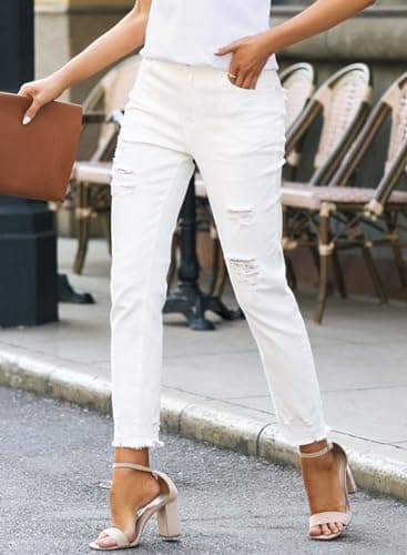 EVALESS White Womens Jeans Stretch Boyfriend Ripped Distressed Frayed Raw Straight Ankle Hem Denim Pants Tummy Control Size 10 - Image 4