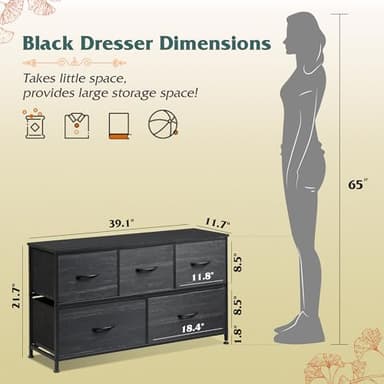 WLIVE Dresser for Bedroom with 5 Drawers, Wide Chest of Drawers, Fabric Dresser, Storage Organizer Unit with Fabric Bins for Closet, Living Room, Hallway, Charcoal Black Wood Grain Print - Image 3