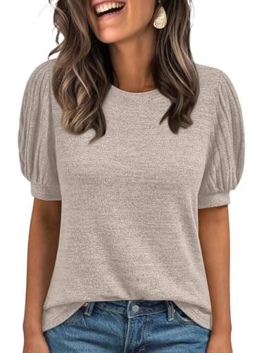 AUTOMET Womens Tops Summer Sweater Long Tunic Dressy Casual Blouses Business Cute Trendy Short Sleeve Shirt 2025 Khaki XL - Image 1