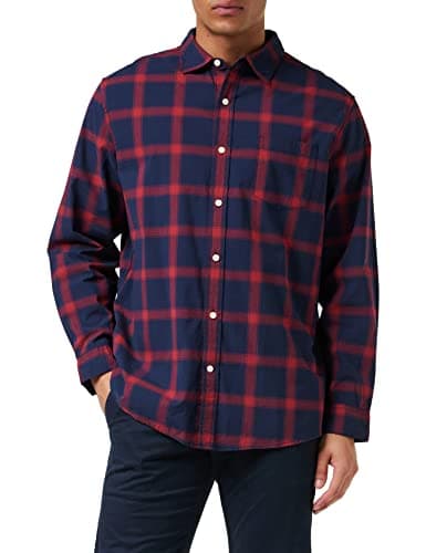Amazon Essentials Men's Long-Sleeve Regular-Fit Stretch Poplin Shirt, Navy Red Buffalo Plaid, Large - Image 1