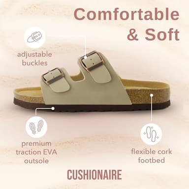 CUSHIONAIRE Lane Cork Footbed Sandals for Women – Comfortable Double Buckle Slip-On with Genuine Suede Footbed & Arch Support Slides for Women Footwear, STONE 8 - Image 4