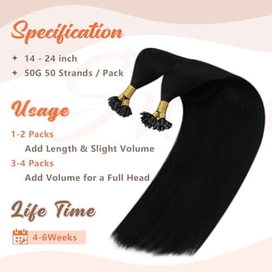 Sunny Hair 24inch U Tip Hair Extensions Human Hair Jet Black Hot Fusion Hair Extensions Straight U Tip Hair Extensions Real Human Hair Black for Women K Tip Hair Extensions 50S 50G - Image 3