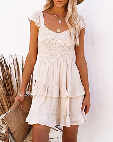Women Casual Summer Dresses Boho Smocked Ruffle Sun Beach Babydoll Mini Dress Layered Flowy Swing Dress - Image 5