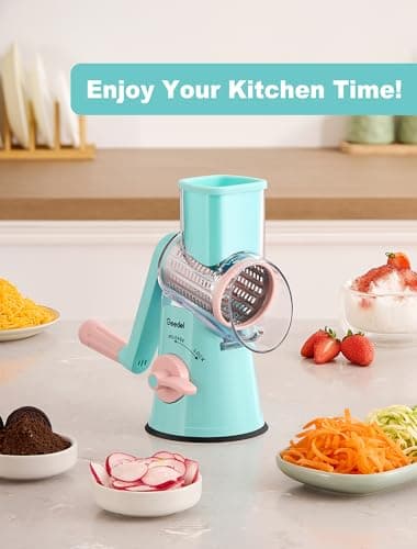 Geedel Rotary Cheese Grater Cheese Shredder - Upgraded 5-in-1 Cheese Grater with Handle and Strong Suction Base, Multi-purpose Vegetable Slicer Ice Shaver Nuts Grinder for Ice, Vegetables, Fruit, Nuts - Image 8