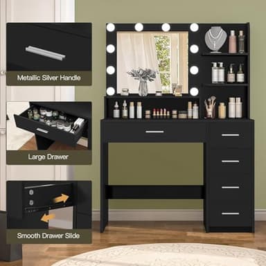 Quimoo Makeup Vanity Desk with Mirror & Lights, Vanity Desk with 5 Drawers & Storage Shelves, Vanity Table, 3 Color Modes & Adjustable Brightness Dressing Table, Bedroom, Black - Image 5