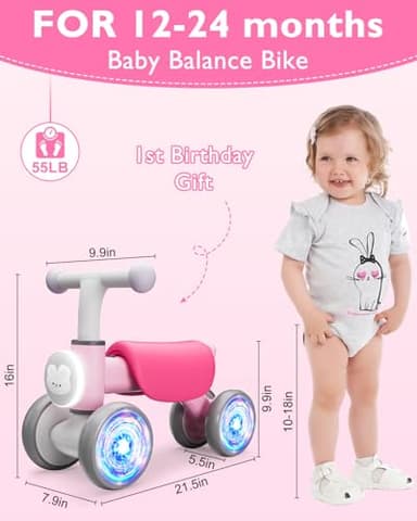 Colorful Lighting Baby Balance Bike for 1 Year Old Girls, Toddler Toys for 1 Year Old Girls Gifts, First Bike with Music and Soft Seat, 12-24 Month Toddler Balance Bike, First Birthday Gifts - Image 4