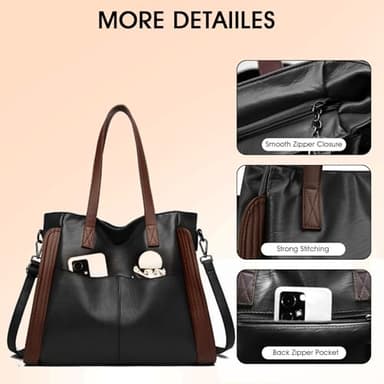 Large women tote bag: Leather handbag purse for ipad books phone - shoulder satchel with strap adjustable for girls ladies females - Image 3