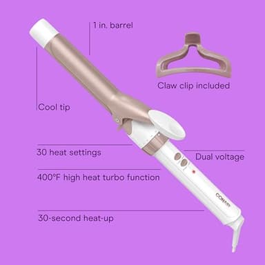 Conair Double Ceramic 1-Inch Curling Iron with Claw Clip, 1-Inch Barrel Creates Classic Curls, Hair Curler for Use on Short, Medium, and Long Hair, White/Rose Gold - Image 2