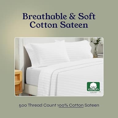 Luxury Split King Sheets Set For Adjustable Bed, 100% Cotton 500 Thread Count Sateen, Snug Fit, Set With Twin-XL Fitted Sheets, Hotel Quality Damask Stripe Bedsheets (Split King, Stripe - White) - Image 5