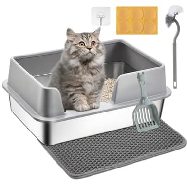 Papettly Stainless Steel Litter Box - Cat Metal Litter Box with Splash-Proof Lid, Easy Cleaning & Odor-Less with Double Layer Litter Mat, Litter Scoop, Brush, 20” x14” - Image 1