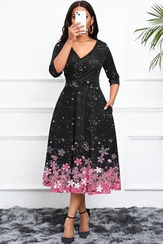 Nmoder Women's Casual Wrap Flared Midi Dress Wedding Guest Cocktail Tea Dresses A-Line Swing V-Neck 3/4 Sleeve Sakura Black XL - Image 2
