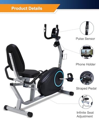 Recumbent Exercise Bike for Seniors - 400LB Weight Capacity Recumbent Bikes with Comfortable Seat, Pulse Sensor, 16-level Resistance, LCD Monitor - Image 8