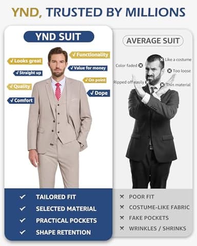 YND Men's Slim Fit 2 Button 3 Piece Suit Set, Blazer Jacket Vest Pants and Tie, Solid Wedding Dress Tux and Trousers Beige - Image 4