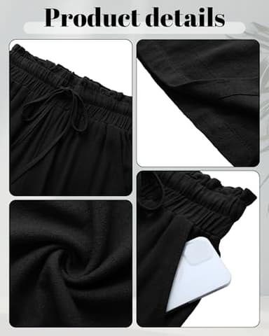 Riyiper 2 Pcs Women's Wide Leg Pants, Casual Linen High Waisted Cropped Trousers with Pockets Drawstring Loose Palazzo Pants (Black, Army Green, Large) - Image 4