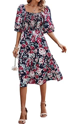 PRETTYGARDEN Women's Summer Casual Midi Dress 2025 Spring Puff Sleeve Square Neck A-line Flowy Boho Floral Smocked Dresses (Blue Red Flower,XL) - Image 1