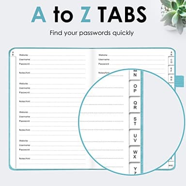 Elegant Password Book with Alphabetical Tabs - Hardcover Password Book for Internet Website Address Login - 5.2" x 7.6" Password Keeper and Organizer w/Notes Section & Back Pocket (Turquoise) - Image 3
