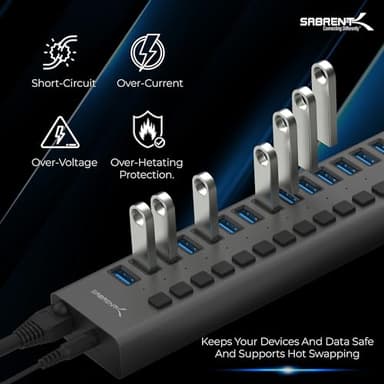 SABRENT 16-Port USB 3.0 Data Hub and Charger with Individual Power Switches, 90W High-Power Output (HB-PU16) - Image 2