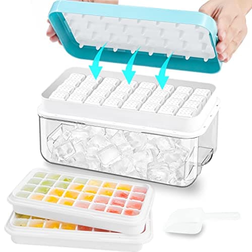 Ice Cube Tray with Lid and Bin, ZZWILLB 64 pcs Ice Trays for Freeze with 2 Trays, Ice Cube Pop Out Tray for Freezer, Ice Cube Molds, BPA Free, Easy Release Stackble Spill-Resistant (Blue) - Image 1