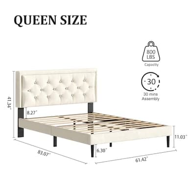 CXVX Queen Size Platform Bed Frame with Upholstered Velvet Button Tufted Headboard, Mattress Foundation with Wooden Slat Support, No Box Spring Needed, Easy Assembly, Noise Free, Beige - Image 2