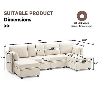 Weture Modular Sectional Sofa with Storage, U Shaped Sectional Couch for Living Room, Convertible Modular Sofa Couch with Ottomans, High Supportive & Soft Sponge, 6 Seat, Beige - Image 2
