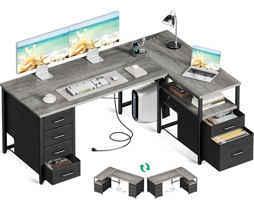 Coleshome L Shaped Computer Desk with 6 Drawers & Power Outlet, 55 Inch Corner Desk with Reversible Storage Shelf & File Drawer, Home Office Desk, Grey Oak - Image 1