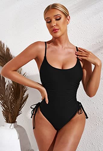 Viottiset Women's Ruched Drawstring One Piece Swimsuit Cheeky High Cut Tummy Control Swimwear Black X-Large - Image 6